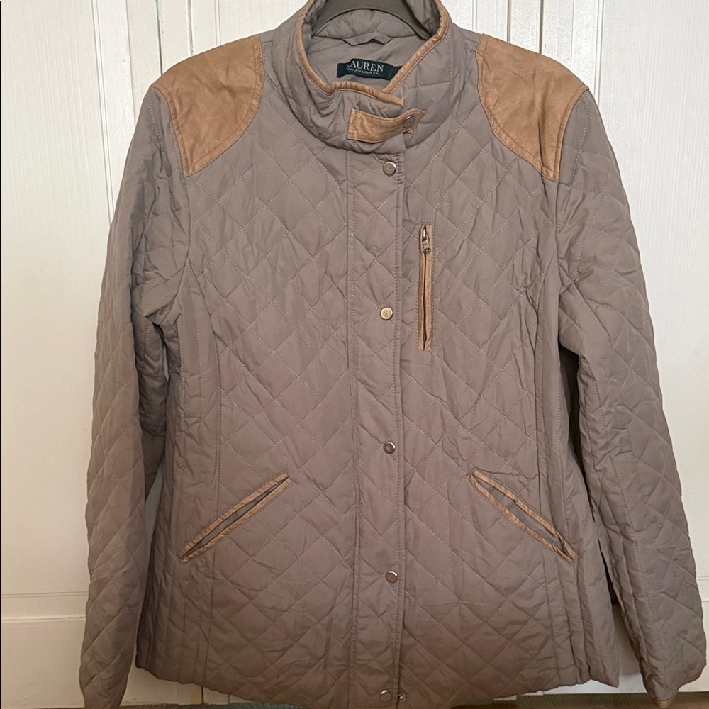 Ralph Lauren Quilted Taupe Puffer Jacket with Tan Trim
